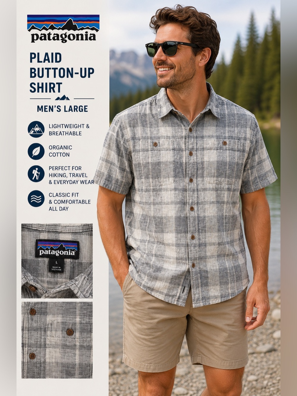 Patagonia Gray and White Plaid Short-Sleeve Button-Up Shirt - Men's Large